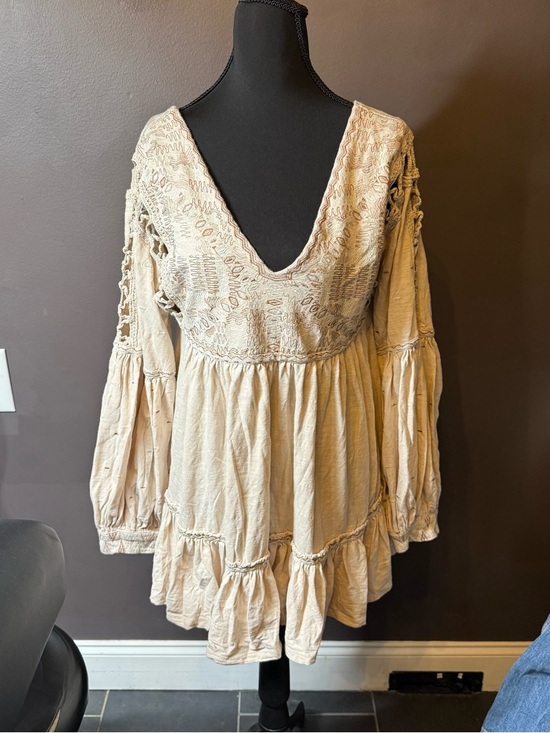 Free People Dresses & Skirts - Free People Cream Embroidered V-Neck Tiered Mini Dress
